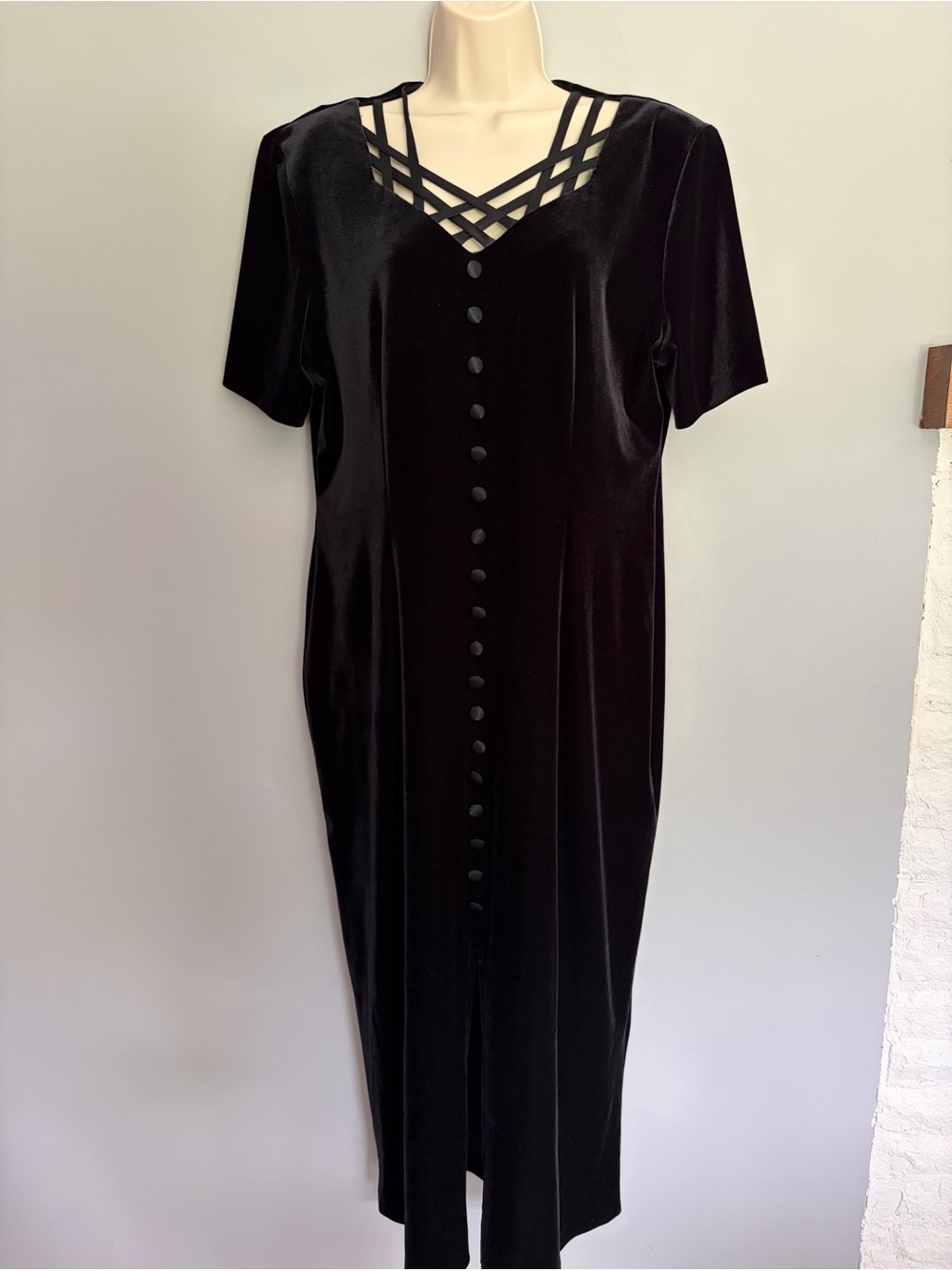 Vintage 90s Grunge Maxi Dress Size XL Black Velvet Dark Whimsygoth Cage Neckline